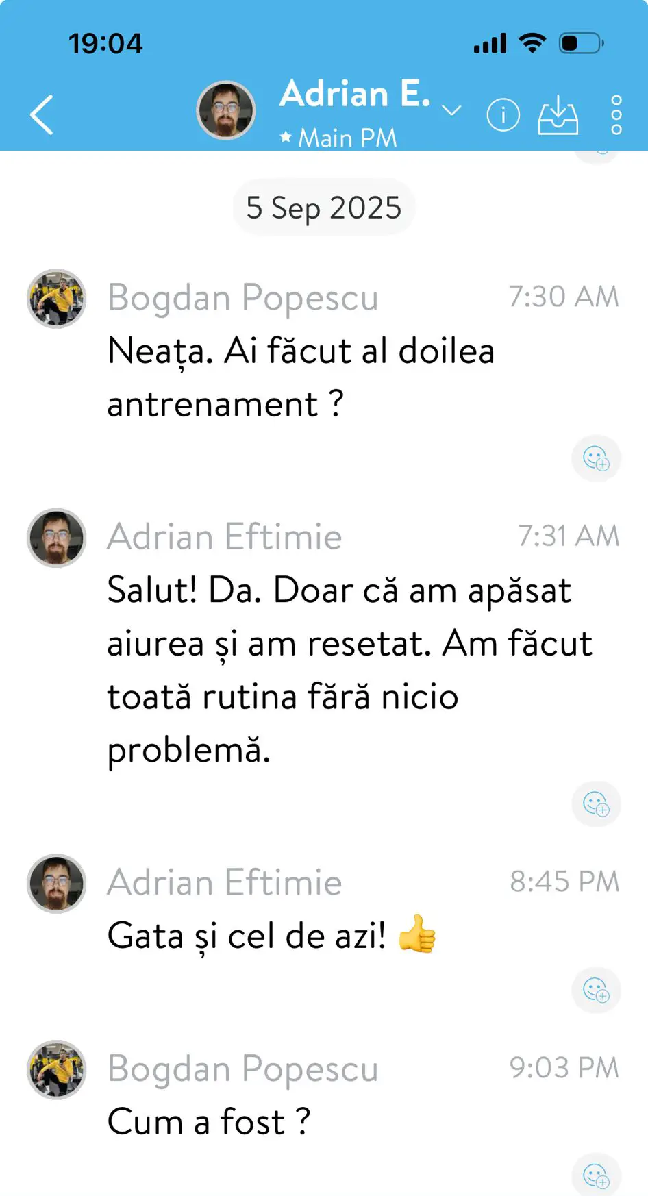 mesagerie in aplicatia de antrenamente online