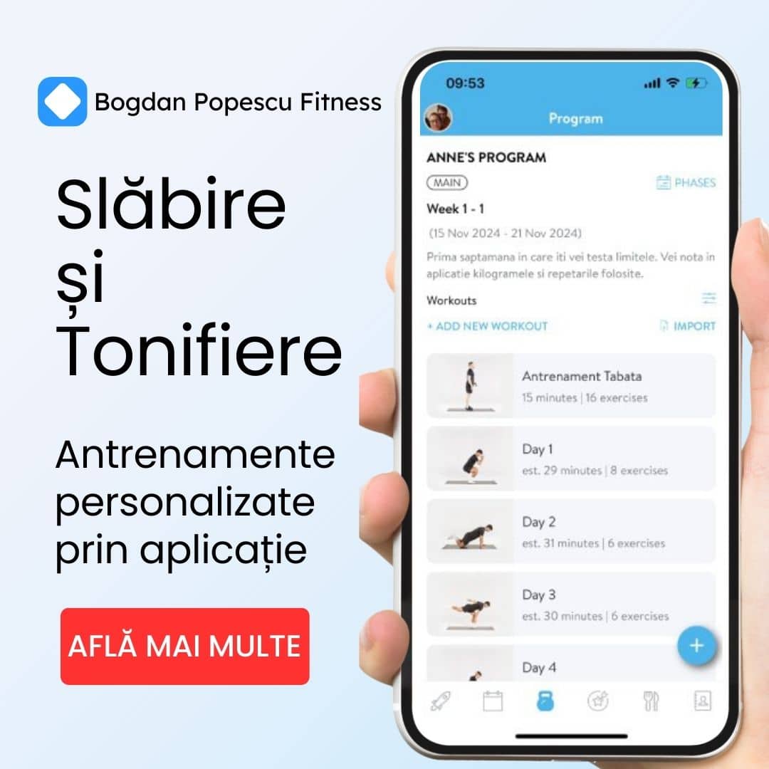 pe un telefon este prezentat un program de antrenamente online